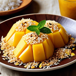 **

A beautifully plated Khao Niao Mamuang dessert. Focus on the presentation: sticky rice formed into an elegant shape, slices of ripe mango arranged artfully, garnished with toasted sesame seeds, shredded coconut, and a sprig of mint. Maybe add a light dusting of powdered sugar. The setting should suggest a cozy, inviting atmosphere – perhaps a rustic Italian table setting.

**
