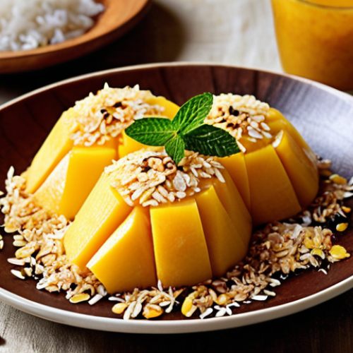 **

A beautifully plated Khao Niao Mamuang dessert. Focus on the presentation: sticky rice formed into an elegant shape, slices of ripe mango arranged artfully, garnished with toasted sesame seeds, shredded coconut, and a sprig of mint. Maybe add a light dusting of powdered sugar. The setting should suggest a cozy, inviting atmosphere – perhaps a rustic Italian table setting.

**