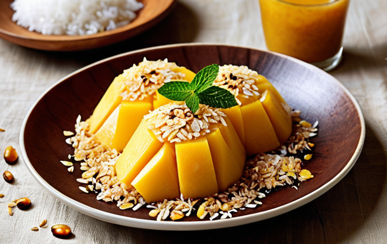 **
A beautifully plated Khao Niao Mamuang dessert. Focus on the presentation: sticky rice formed into an elegant shape, slices of ripe mango arranged artfully, garnished with toasted sesame seeds, shredded coconut, and a sprig of mint. Maybe add a light dusting of powdered sugar. The setting should suggest a cozy, inviting atmosphere – perhaps a rustic Italian table setting.
**