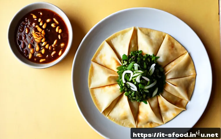 Home 9 중국 지앤빙 인기 토핑 추천 - Photorealistic overhead food scene of a freshly made Chinese jianbing folded into a crisp golden cre...