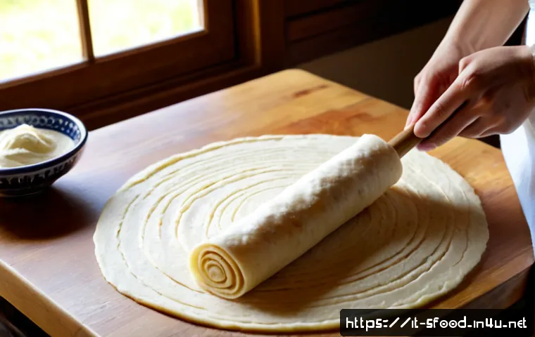 노르웨이 라프사 전통 플랫브레드  조리법 - Photorealistic Nordic home kitchen, an Italian home cook rolling pale potato lefse dough into a very...
