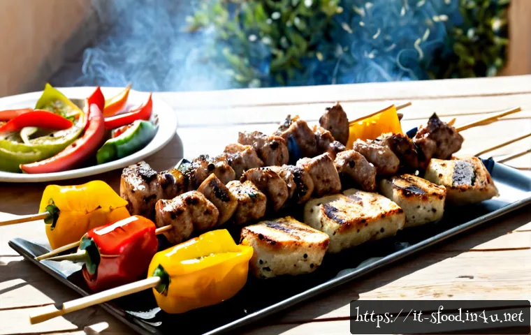 Home 14 그리스 수블라키 바베큐 스타일 - Photorealistic Greek-style souvlaki barbecue on a sunlit Italian terrace, skewers of marinated pork ...
